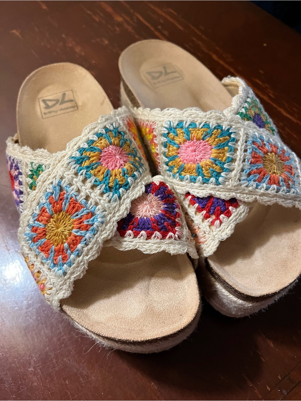 Dirty Laundry Crochet Patchwork Slide Mules in Cream with Multi-Color Accents